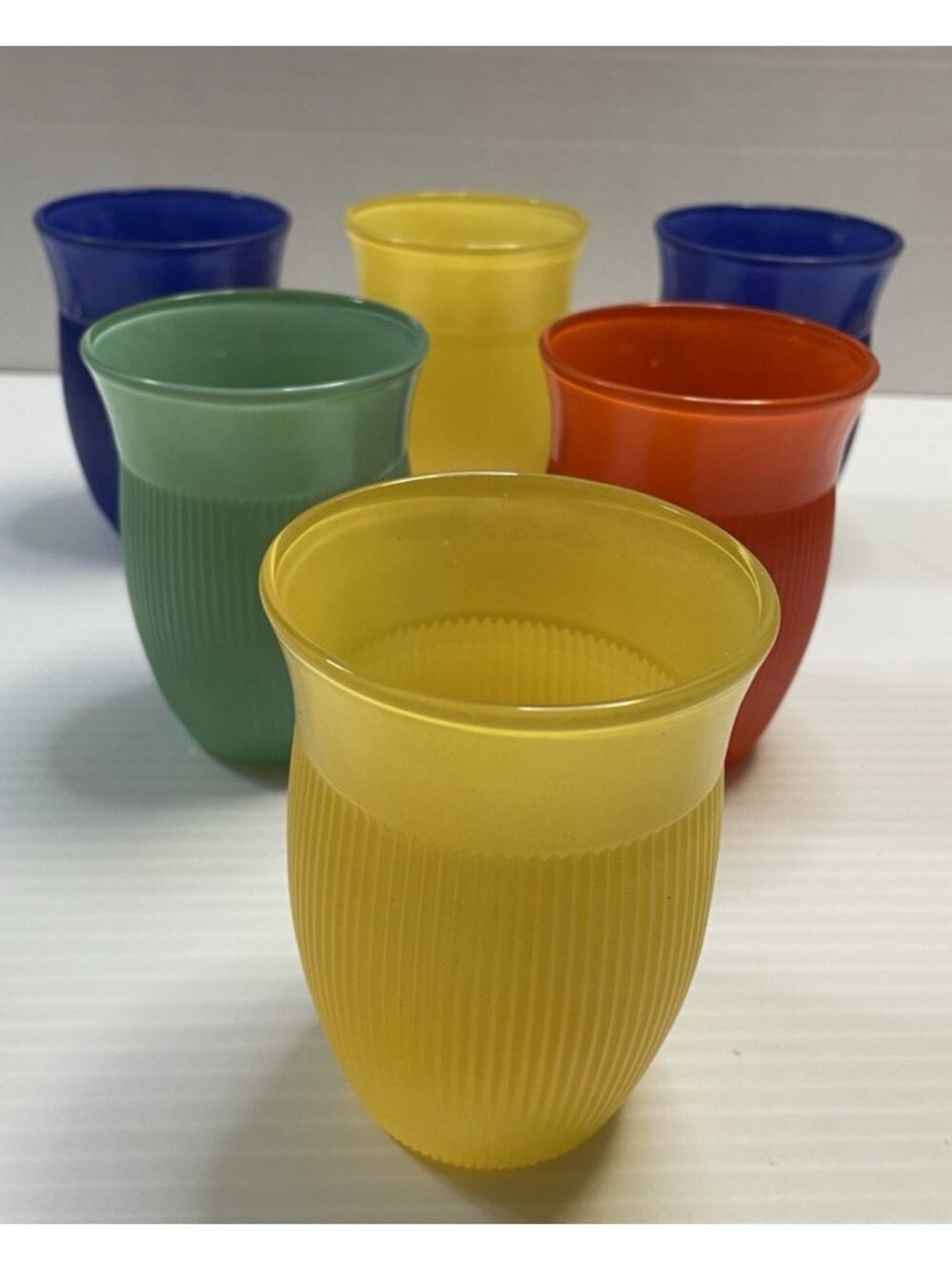 6 Hazel Atlas Fine Rib Blue Orange Yellow Tumblers 1930s Depression Glass - EUC